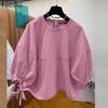 Women Casual Round Neck Solid Color Loose 3/4 Sleeve Blouse