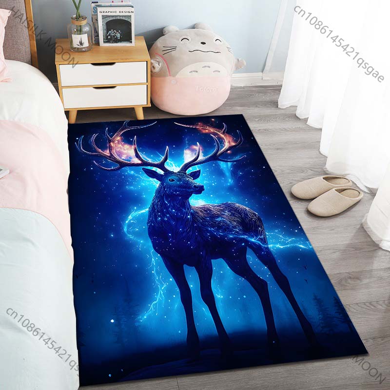 New product Glowing blue deer at night Carpet for Living Room Bedroom Bedside Floor Mat Cloakroom Children Playing Mat Area Rug