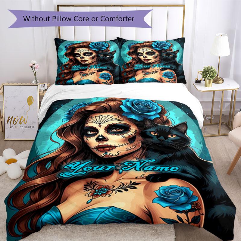 3pcs Custom Name Day Dead Art Bedding Set Printed Bedding Set Duvet Cover Closure Includes 1 Duvet Cover & 2 Pillowcases Bedroom Decor