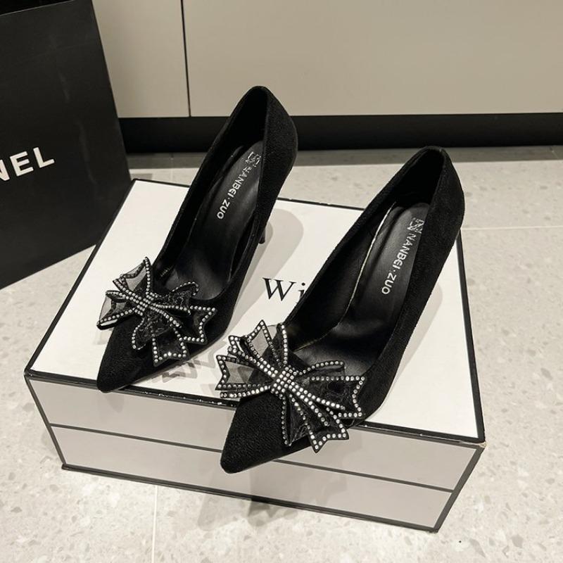 Fashion French High Heels 2024 New Solid Color Commuting Bow Decoration Pointed Thin Heel Luxury Design Work Women's Shoes Zapatos Mujer