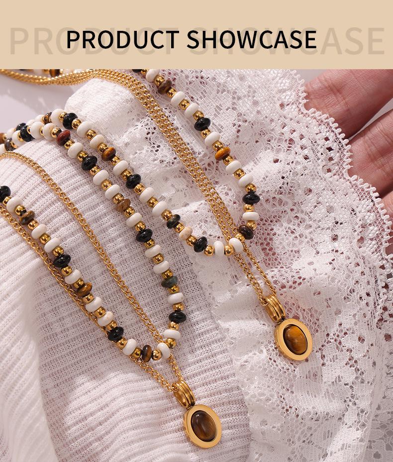 Двухслойное ожерелье из бусин тигрового глаза с титановой стальной цепочкой для ключицы