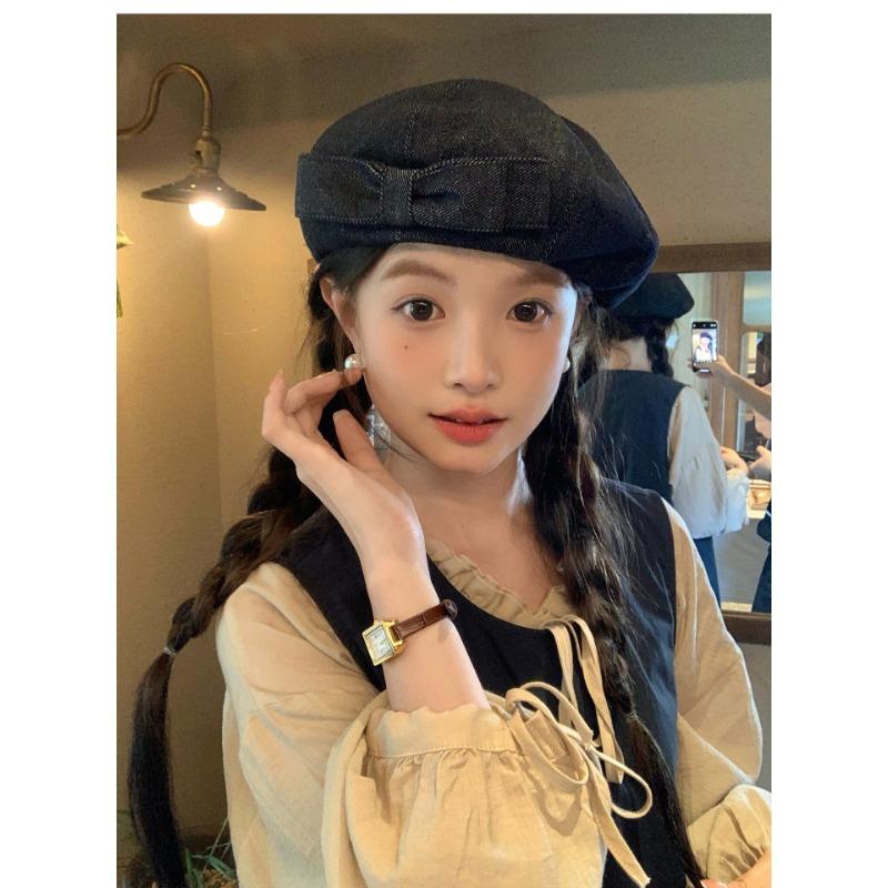 Women S Denim Beret With Double Bowknot Large Head Size Painter Hat