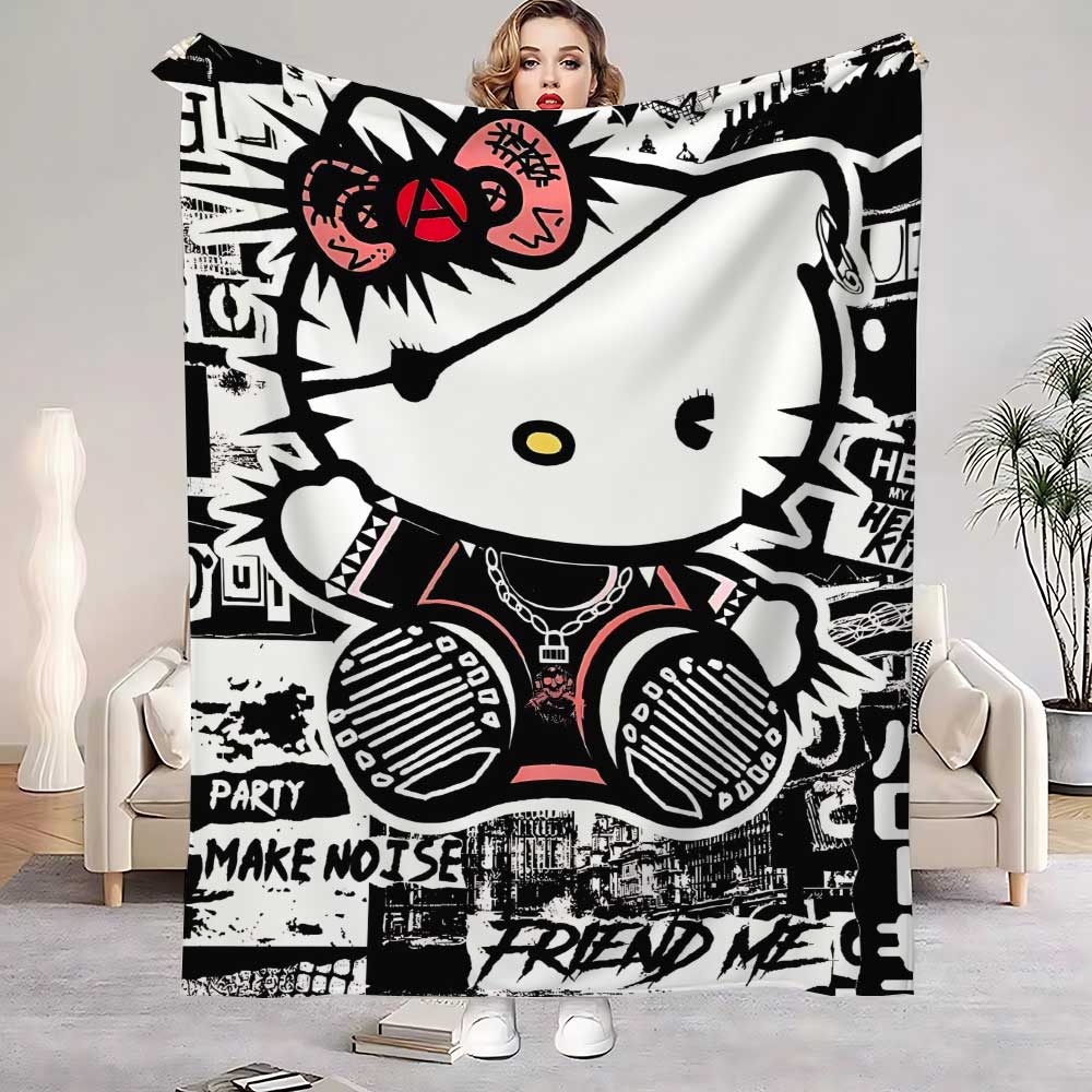 Kawaii Cat Hellos Warm Blanket Throw Furry Winter Blankets for Adults Microfiber Bedding Home Interior Fluffy Plaid Sofa Knee &