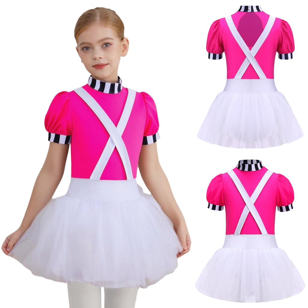 Kids Girls Chocolate Factory Worker Halloween Costume Mock Neck Short Stripe-Cuffed Sleeves Back Cut Puffy Built-In Crotch Press Buttons Dress Braces