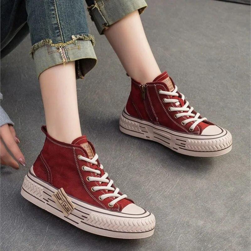 Johnature Spring Genuine Leather Women Flat Shoes Lace-up Handmade Leisure Comfortable Thick Soled Shoes