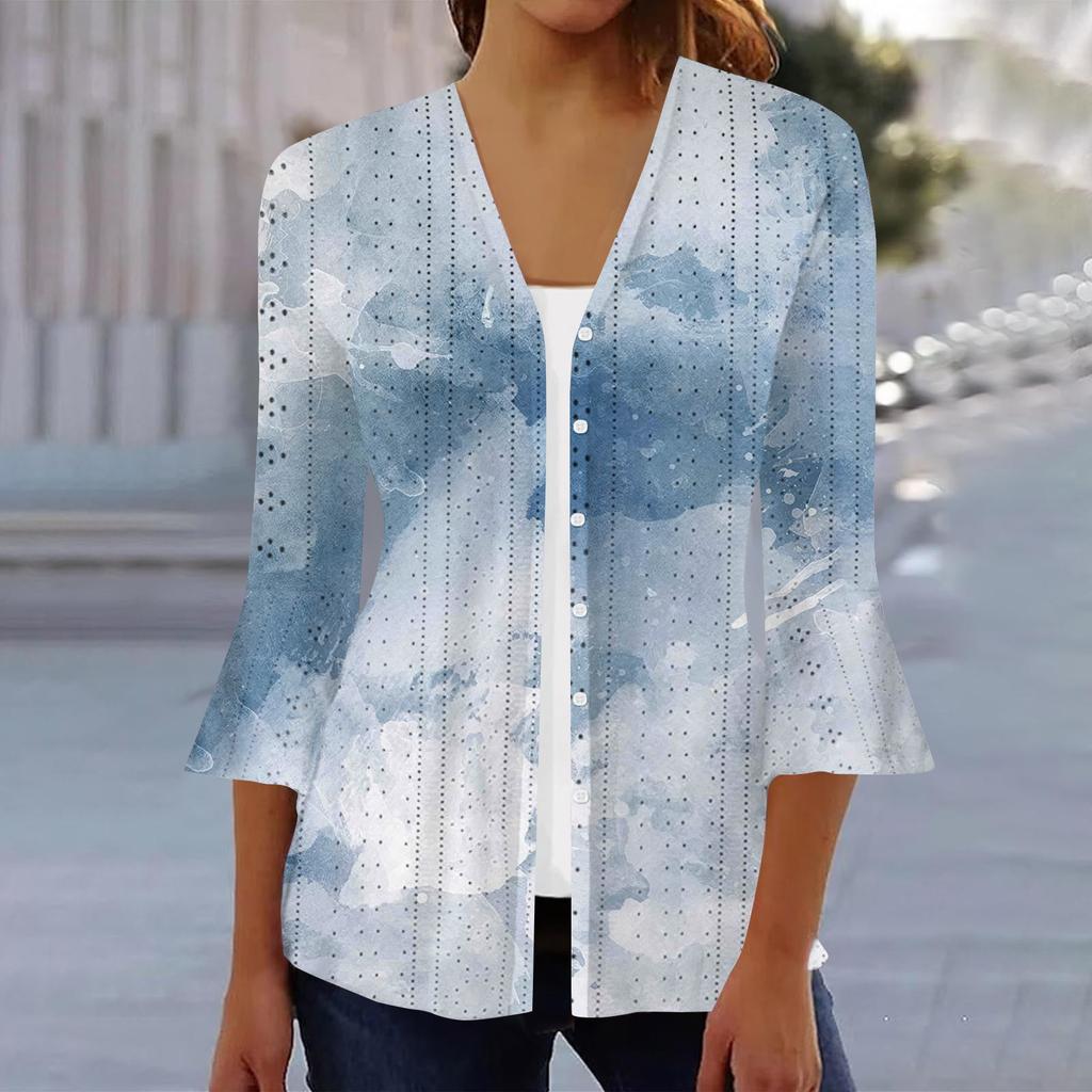 Women's Fashion Loose Casual Printed Three-quarter Sleeve Button Shirt Cardigan Top