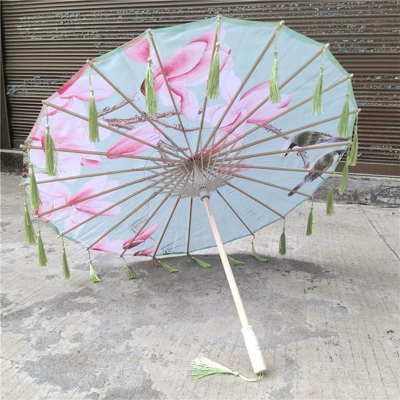 1PC with Tassel Classical Women's Umbrella for Hanfu Accessories Satin Cloth Photograph Props Fairy Ancient Parasol