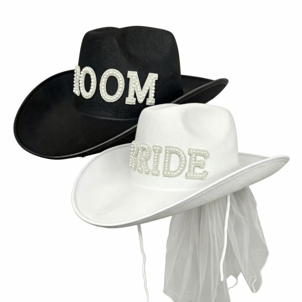 Wide Brim Bride White Cowboy Veil Hat Non-woven Fabric Cowboy Pearl Bride Hat Bridal Showers