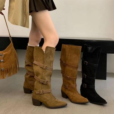 2025 новые осенне-зимние ботильоны на толстом каблуке с острым носком, женские высокие сапоги-рыцари с ремешком и пряжкой до колена, ковбойские сапоги в западном стиле