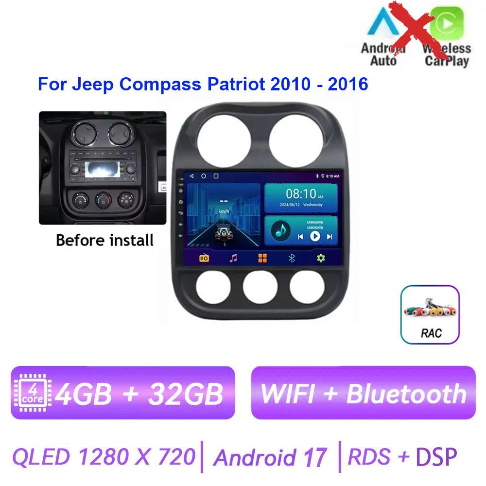 Autoradio Android 17 pour JEEP Compass Patriot 2010 - 2016 Lecteur multimédia automobile GPS Navigation Carplay Stéréo 4G BT Sans 2din DVD