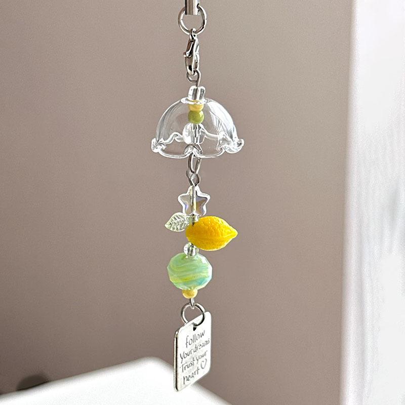 Y2K Green Lemon Key Chain Wind Chimes Star Beaded Keyring For Phone Camera Earphone Case Charm Pendant Keycord