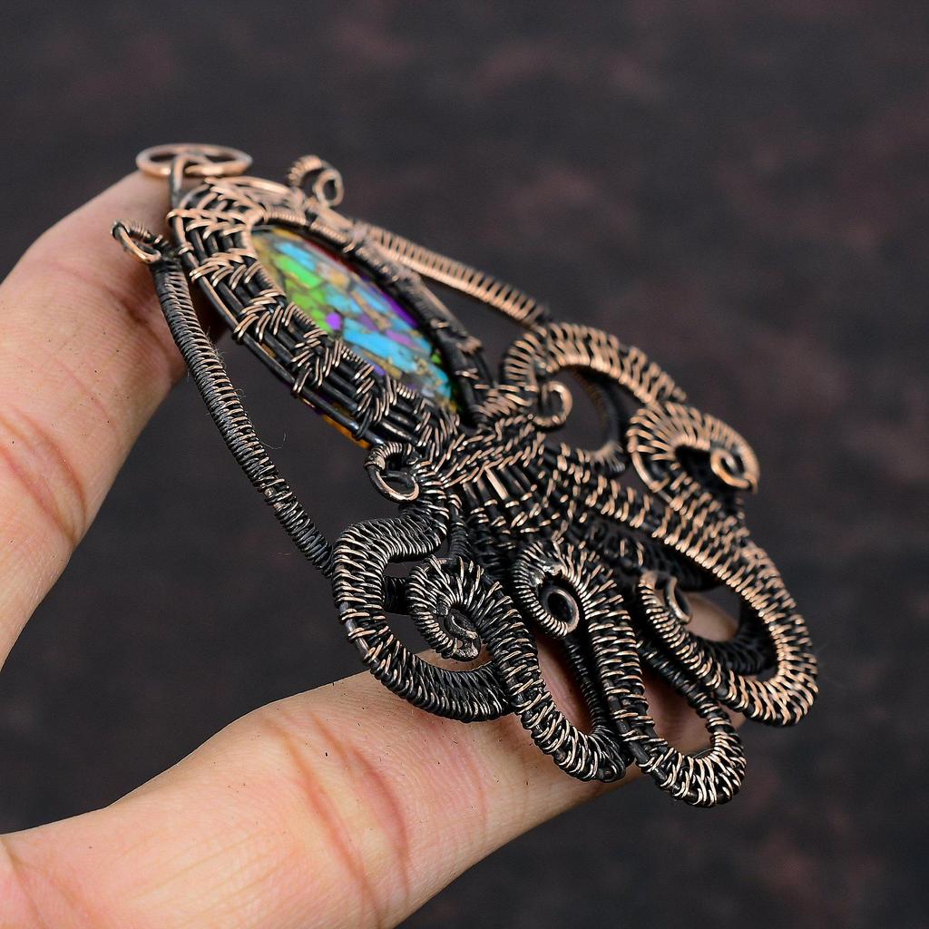 Fiesta Kingman Бирюзовый кулон Медная проволока обернутый драгоценный камень кулон Multi Медный бирюзовый кулон Осьминог ручной работы Медные украшения