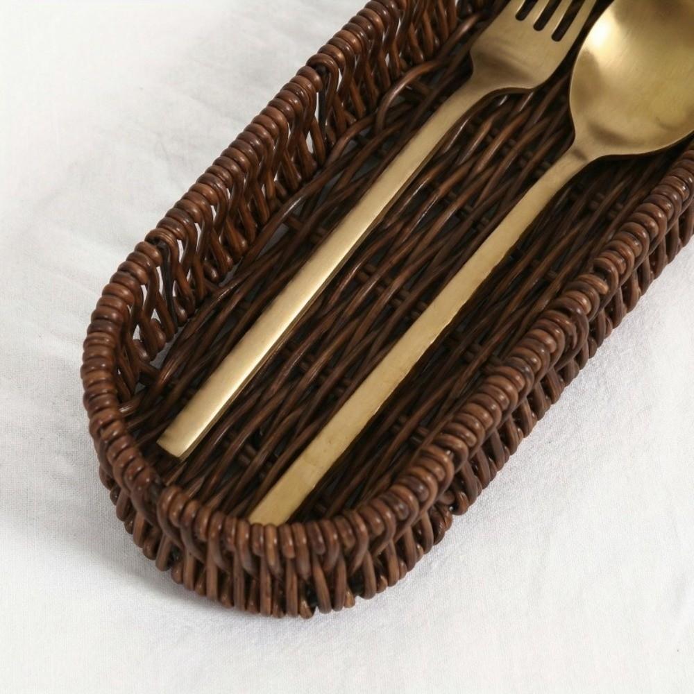 Oval Shape Tableware Storage Basket Retro Plastic Faux Wicker Tray Decorative Minimalist Desk Shelf Baskets Dining Room