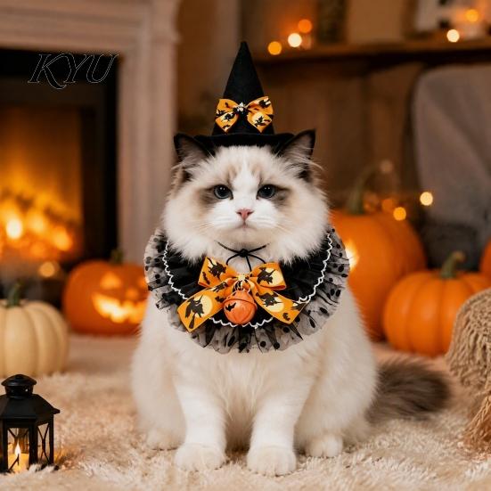 Funny Halloween Pet Accessories 1 Set Cat Costume, Wizard Hat And Lace Bandana, Ruffled Bib Witch Scarf with Bow Bell, Holiday Party Outfit for Small