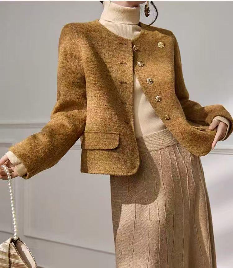 Women's Double-Sided Wool Coat - Short, High-End Style with Round Neck