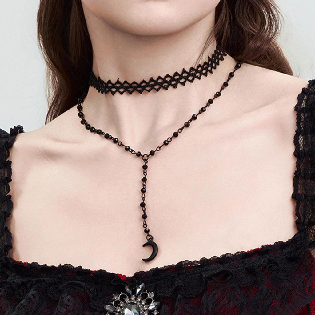 European-American Crystal Beaded Clavicle Necklace: Halloween Dark Style Multi-Layer Lace