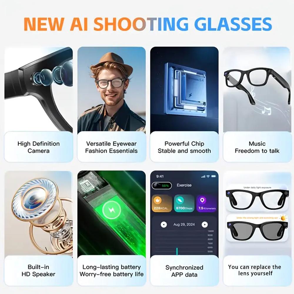 2026 Smart Glasses with AI Translator 8MP Camera 4K HD Take Videos and Photo Sunglasses BT Call for Men Women Fashion Glasses Wireless Music Playback