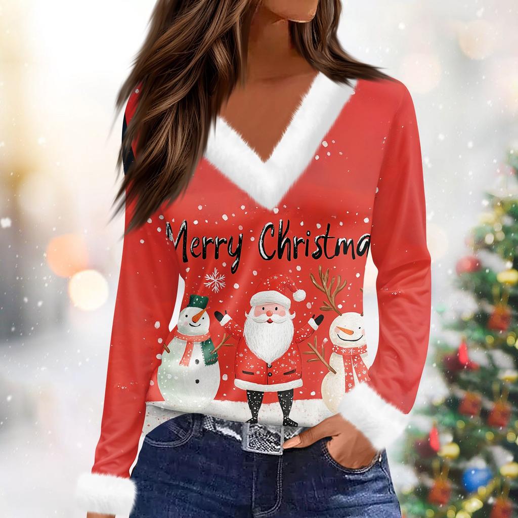 Женский модный повседневный топ с V-образным вырезом и длинными рукавами, рождественским принтом и плюшевым воротником
