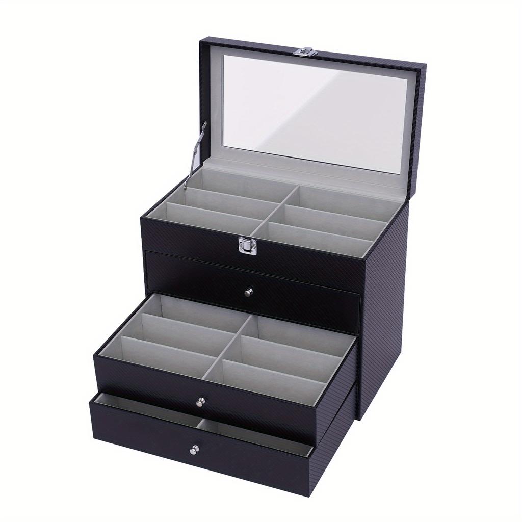 4-Layer PU Leather Glasses Display Box – Glass Top – Holds 24 Sunglasses or Eyeglasses – Black