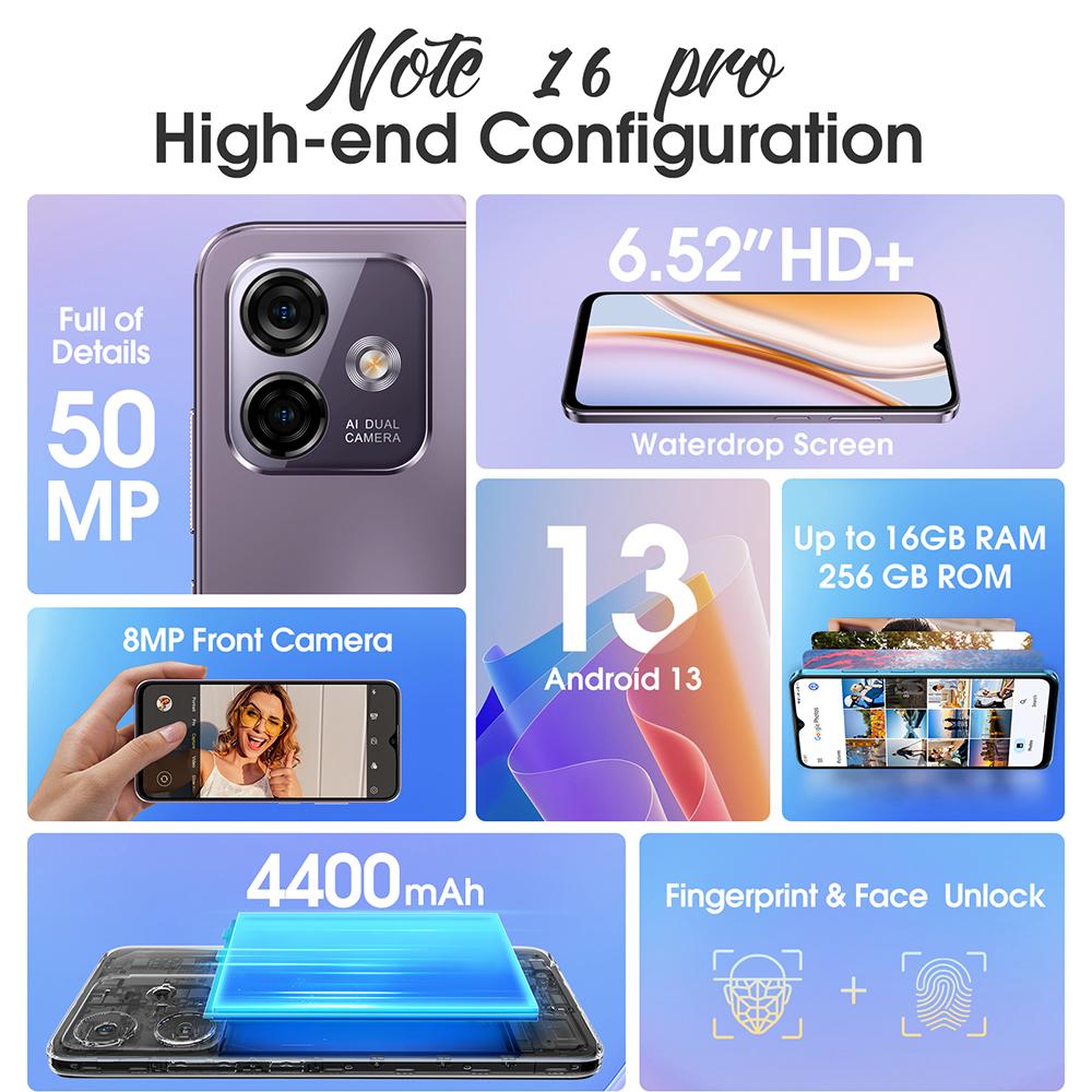 Ulefone Смартфон Note 16 Pro, 512 ГБ ПЗУ/128 ГБ ПЗУ/256 ГБ ПЗУ, Android 13, глобальная версия, телефон, 50 МП, 6,52 дюйма, 4400 мАч, GPS, 4G, сотовая связь
