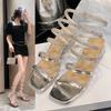 Summer Sandals Girl 2025 New Fairy Style Versatile Korean Edition Fashion Rhinestone Thick Heel Snake Wrap Roman Sandals