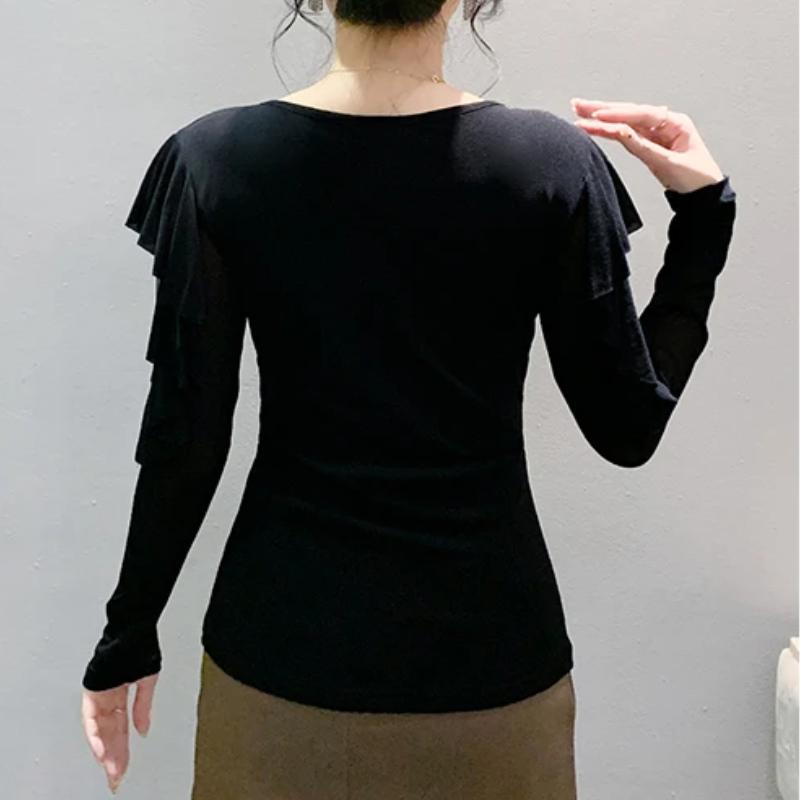 Модная весенне-осенняя корейская сексуальная футболка с V-образным вырезом и горячими стразами, шикарный ажурный топ с длинным рукавом, женские футболки, уличная одежда, эластичный сетчатый топ для девушки