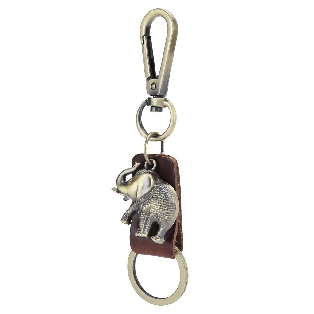 2Pcs Key Chains Elephant Shape Metal Cowhide Car Keychain Retro Leather Pendant GiftsBrown
