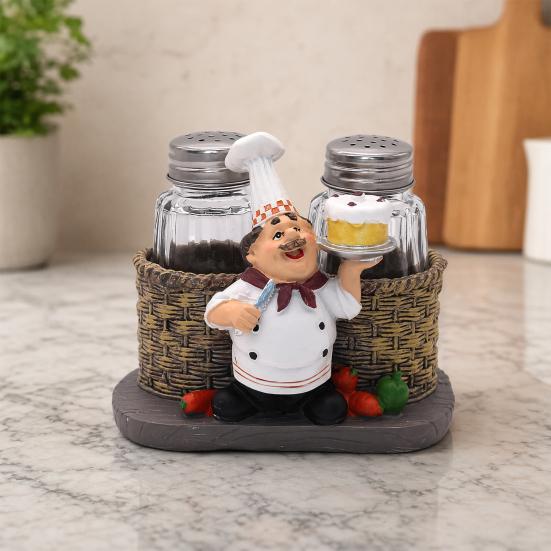 Набор солонок и перечниц DYS, Декоративная статуэтка шеф-повара из смолы, Органайзер для специй, Стеклянный держатель для приправ для кухонного обеденного стола