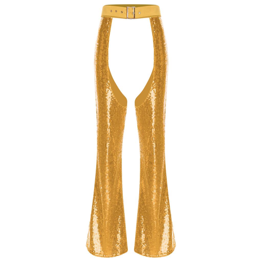 Womens Halloween Glitter Sequin Cowgirl Chaps Adjustable Waist Crotch Hollow Out Fully Lined Flared Pants