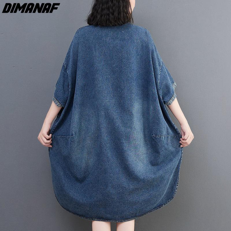 Dimanaf Women 2023 New Summer Dress Denim Dress Elegant Long Dress Short Sleeve Loose Dress Blue Basic Dresses