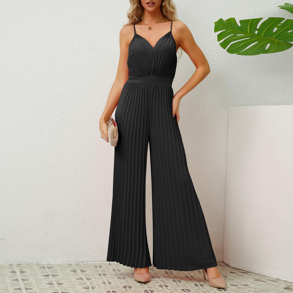 Fashion Women's 2025 V-Neck Suspender Pleated Jumpsuit