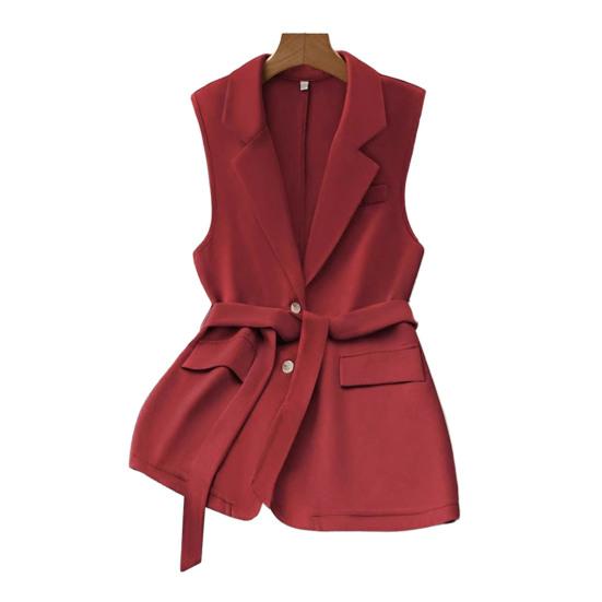 Женский блейзер без рукавов, жилет, на пуговицах, с лацканами, рабочая куртка, осеннее повседневное длинное нарядное пальто с поясом