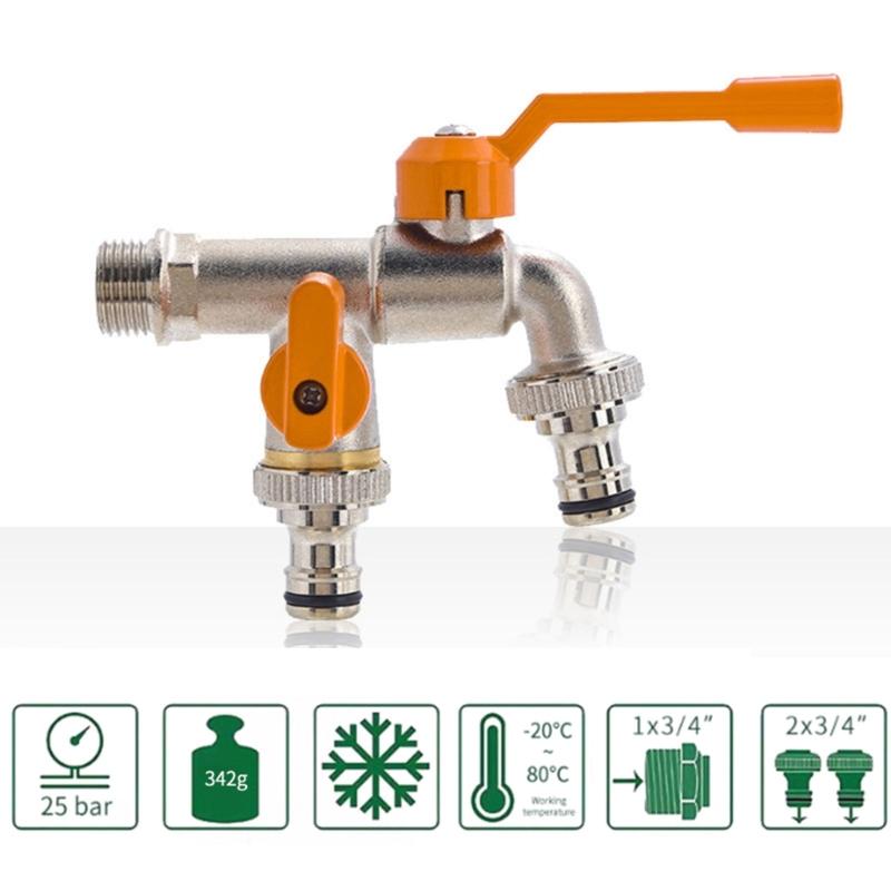 Garden Double Outlet Tap 1/2inch & 3/4inch Valves Double Water Tap Hose Connection Roller Sealing Tape Double Connection