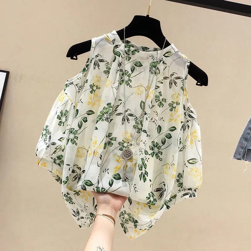 Chiffon Printed Off-the-shoulder Short Sleeve Top Ladies Plus Size Blouse for Women