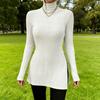Yousheng Women Knitting Tops High Collar Long Sleeve Slim Fit Sweater Tops Mid-length Side Split Design Solid Color Ribbed Tops