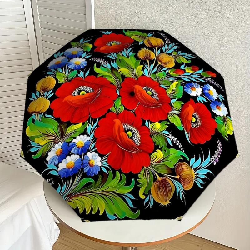 1pc Floral Bouquet with Red Poppies and Blue Daisies Umbrella with Plastic Handle,Suitable for All Seasons Home Travel Outdoor UmbrellaDD1048