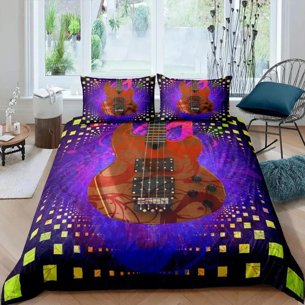 Комплект пододеяльника для гитары Комплект постельного белья на музыкальную тему Микрофибра Винтажный серый Гитара на деревянном полу Размер Квин Кинг Комплект пододеяльника