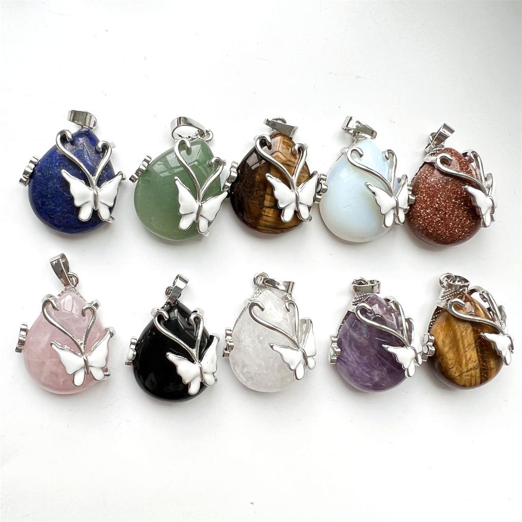 Natural Crystals Pendant Healing Stone Copper butterfly Inlay Amethyst Rose Quartz Pendants