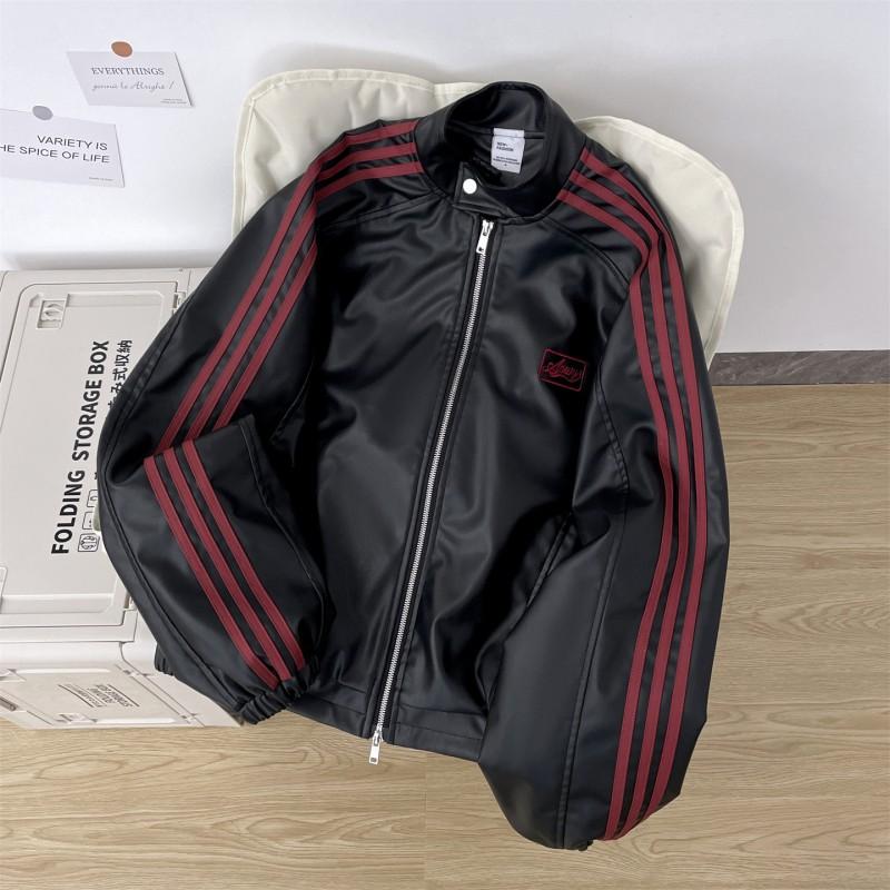Mens Retro American Style Striped Jacket Black Loose Short PU Biker