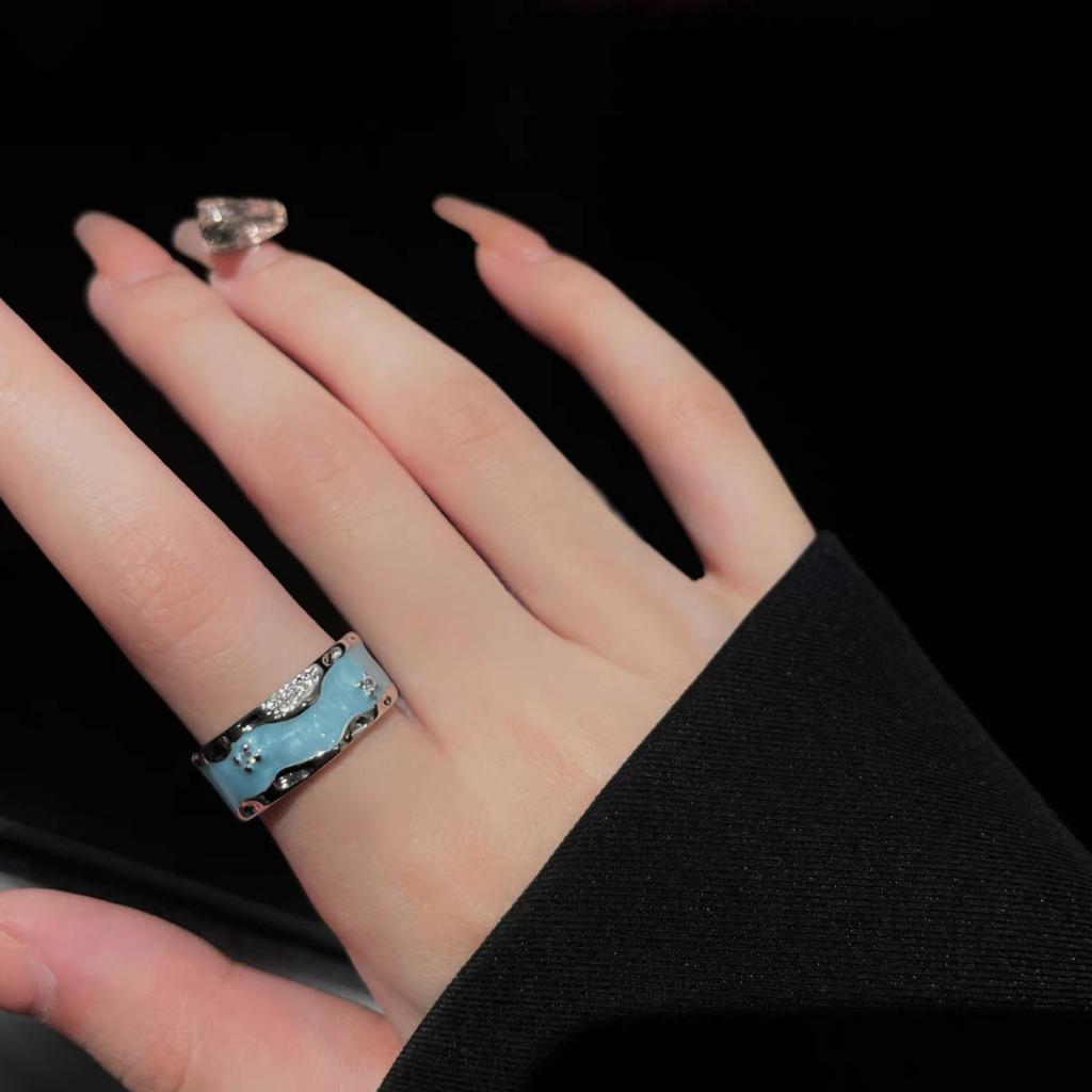 Vintage Sky Blue Drop Glaze Open Ring Women'S Light Luxury Niche Design High-End Ring Plain Ring Decorative Index Finger Ring