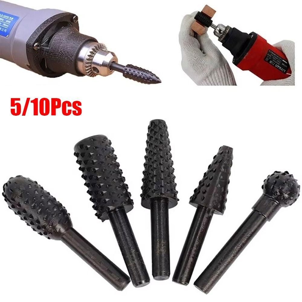 5/10Pcs Black Grey Rotary Burr Set 6mm Shank Grinding Head Drill Bits for Woodworking Root Carving