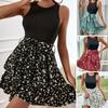 Women Summer Dress Sleeveless Flower Printing Round Neck Slim Fit A-line Dating Loose Hem High Waist Women Mini Dress Female Clothes