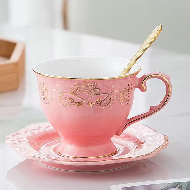 British Court Luxury Tracing Gold Coffee Cup and Plate Two-piece Set of Ceramic Cup Water Cup Flower Tea Cup Milk Cup