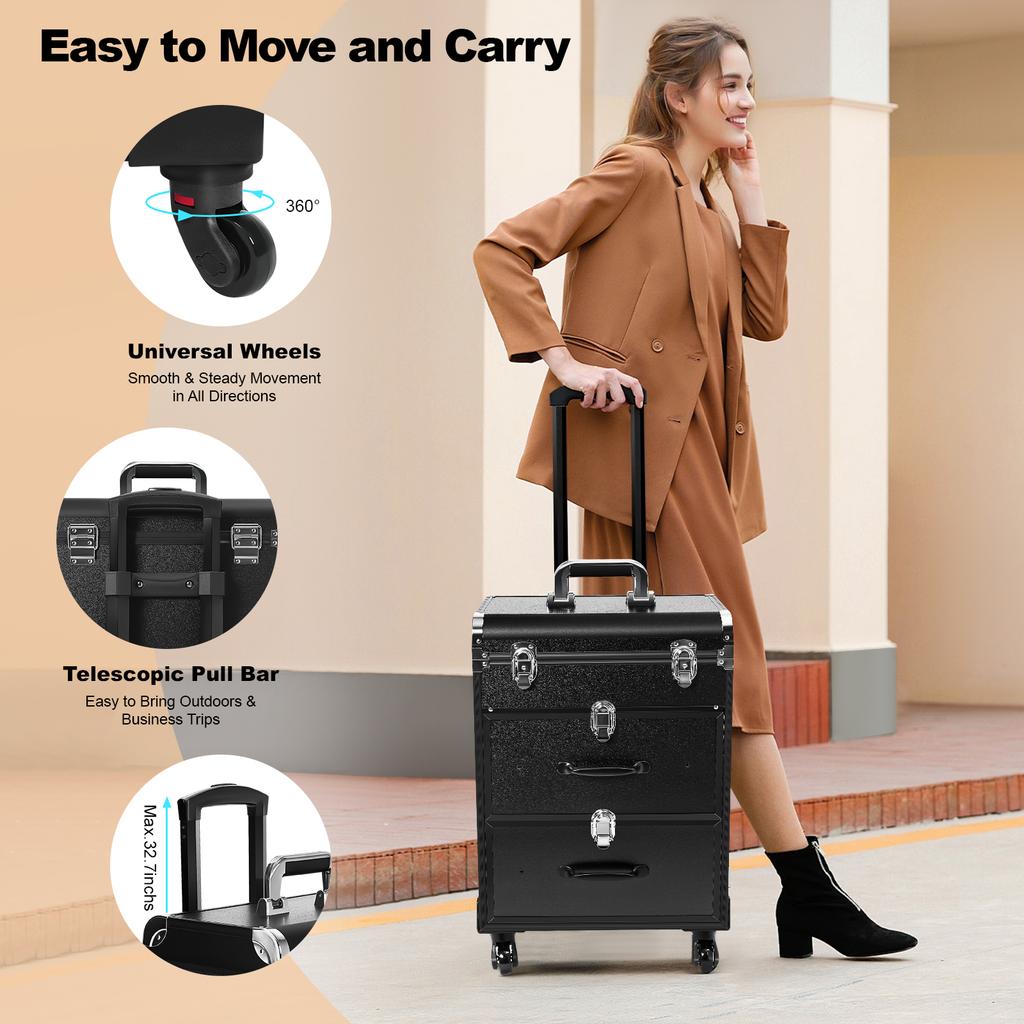 Перекатной кейс для макияжа Черная салонная тележка Косметическая тележка для путешествий Органайзер для хранения нейл-арта для фейс-арта, парикмахера