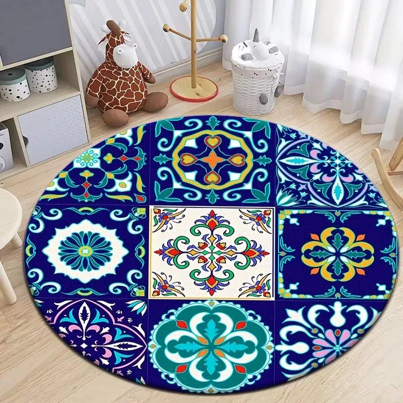 Moroccan Style Print Round Living Room Area Rug Camping Picnic Mat Non-Slip Yoga Door Floor Mat
