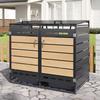 Wheelie bin box with hydraulic lid, horizontal wood-look cladding, slotted ventilation, iron garden storage cabinet with lock