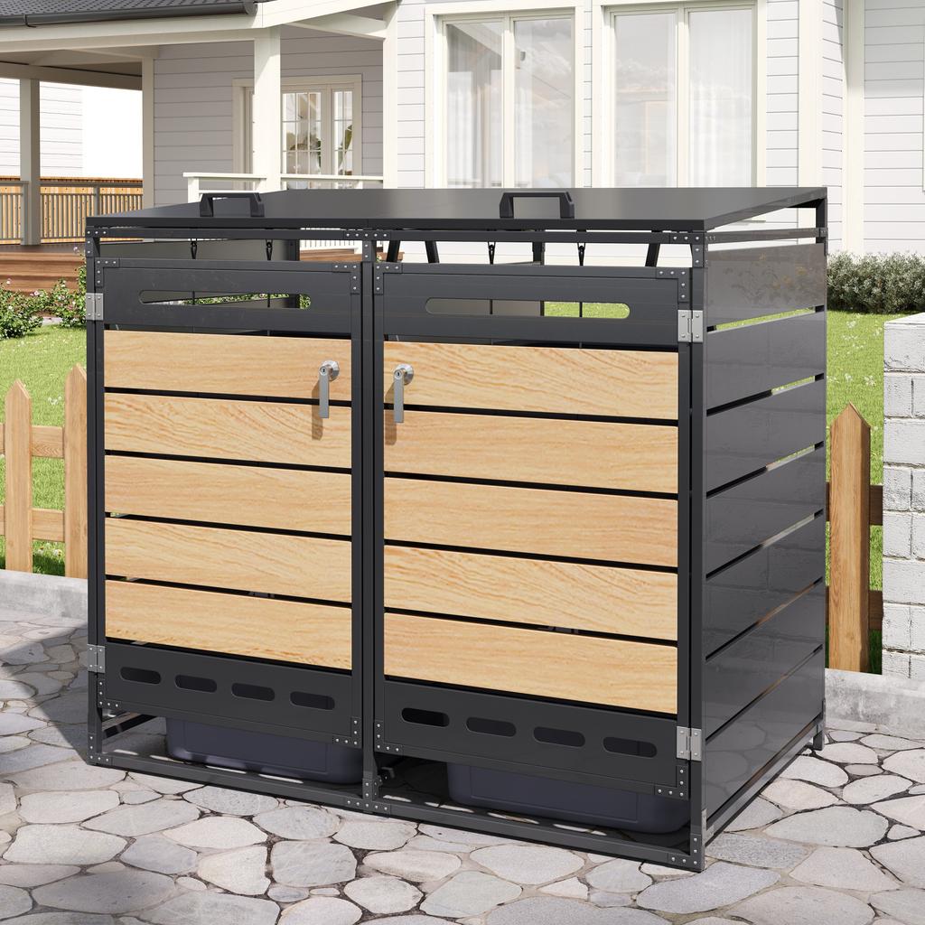 Wheelie bin box with hydraulic lid, horizontal wood-look cladding, slotted ventilation, iron garden storage cabinet with lock
