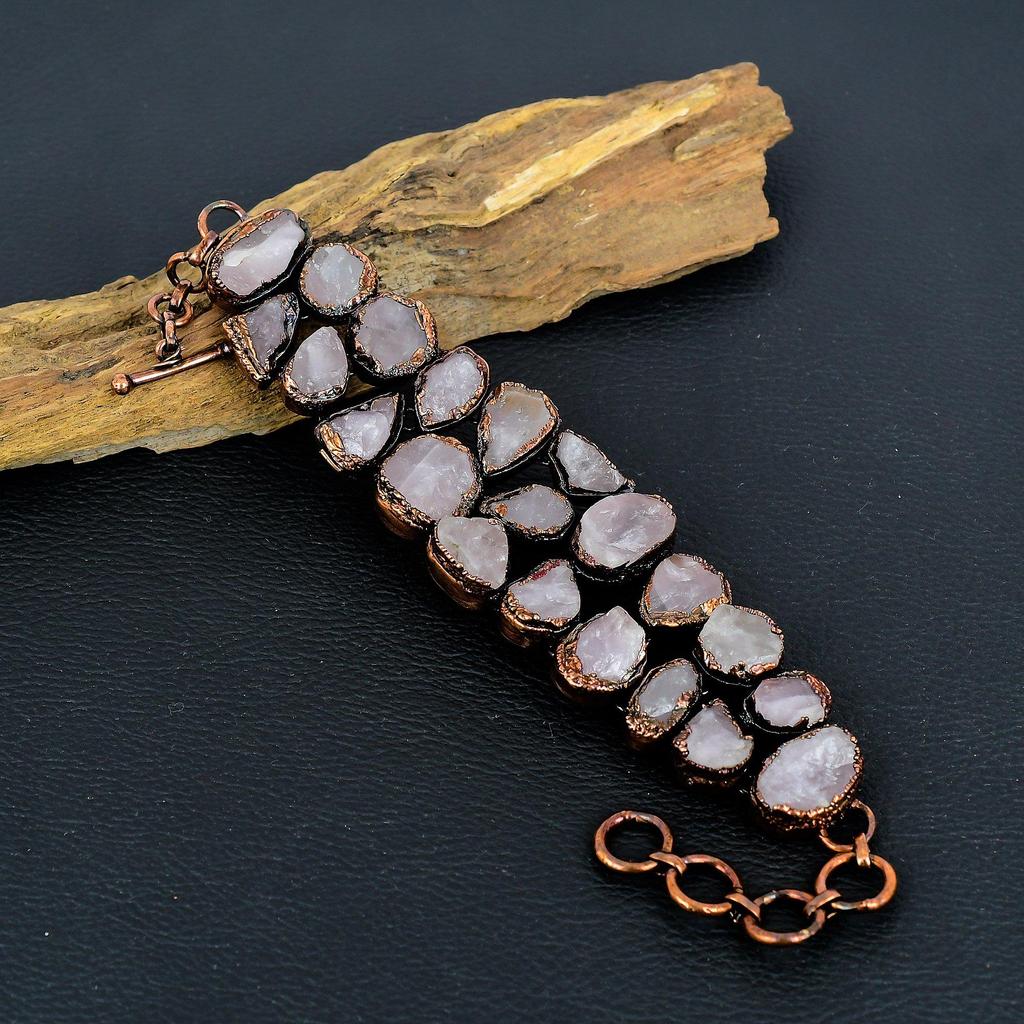 Rose Quartz Handmade Latest Design Jewelry Bracelet, Copper Electroformed Gemstone Bracelet, Gift For Mother