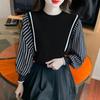 Элегантная простая трикотажная рубашка в полоску с круглым вырезом 2023, модная повседневная блузка с длинным рукавом, женские свободные осенние топы 29052