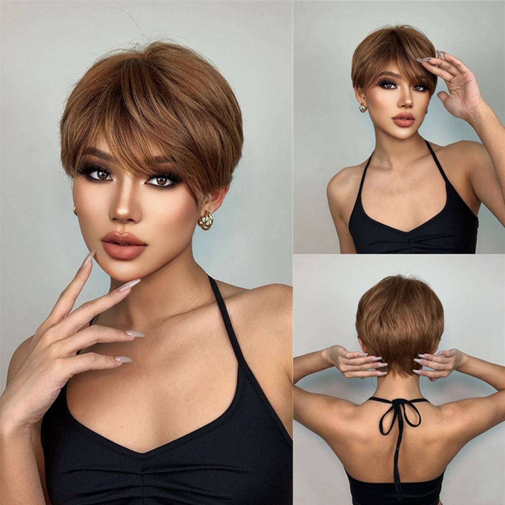 ALAN EATON Короткие прямые парики из синтетических волос с стрижкой пикси для чернокожих женщин, афро, пышные, натуральный коричневый, блондин, мелированный парик с челкой